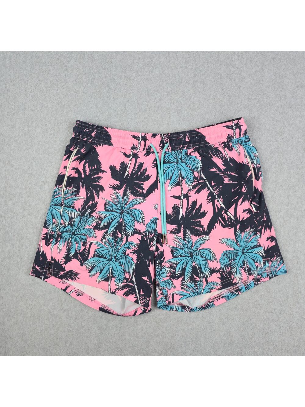 SURFCUZ Mens Medium Pink Swim Trunks Black Blue Palm Tree Pattern Drawstring